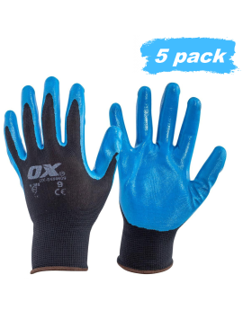 OX Tools Nitrile Polyester Lined Gloves-Size Large-5Pack OX-S484609