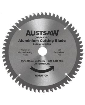 AUSTSAW 185mm (7 1/4in) Aluminium Blade Triple Chip - 20/16mm Bore - 60 Teeth